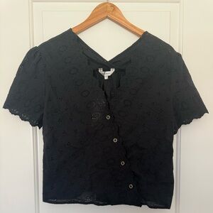 NEW NWT MOUSSY Black Eyelet Blouse Cotton Puff Short Sleeve Button Front Top OS